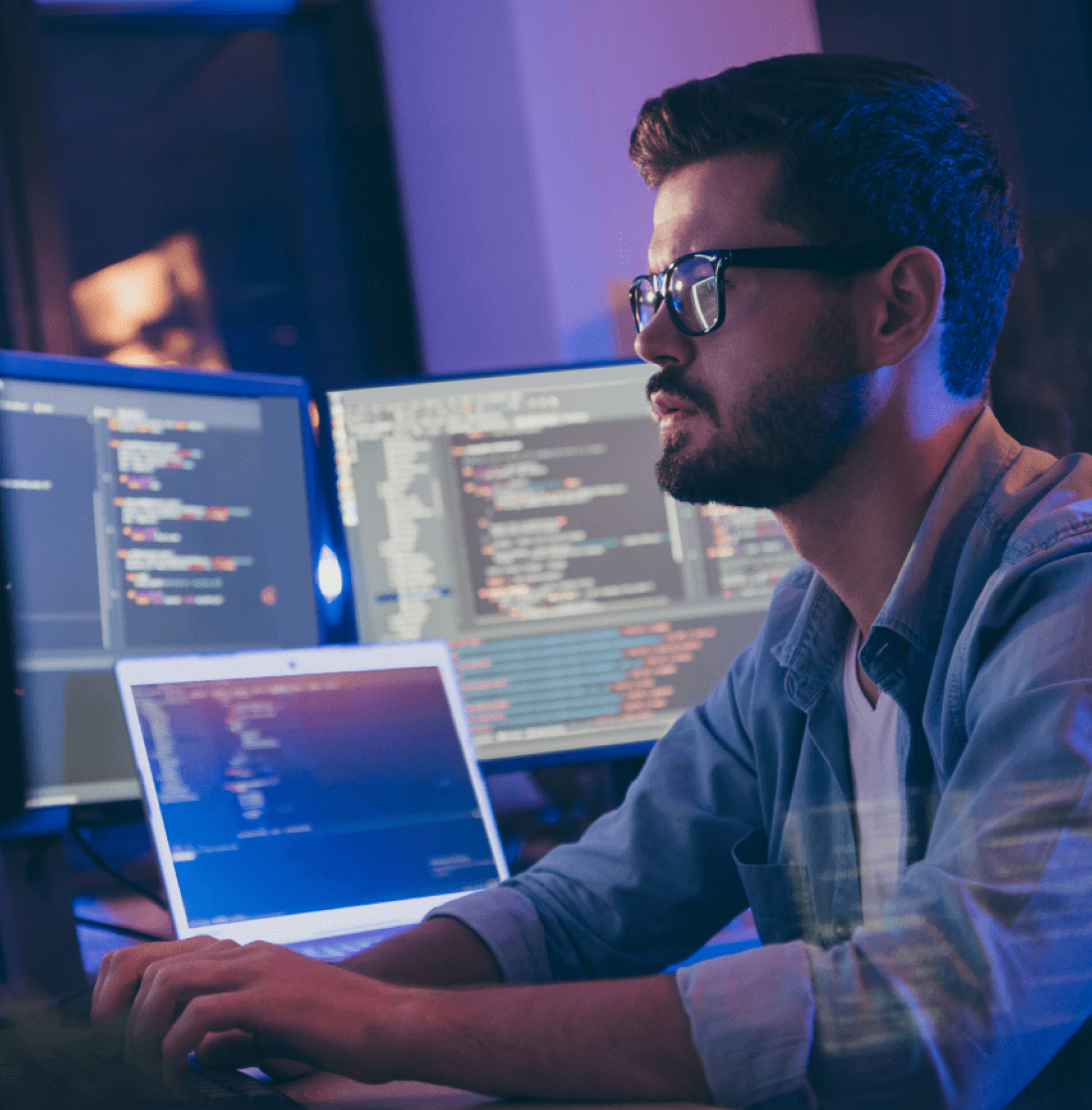 Man Working on multiple monitors